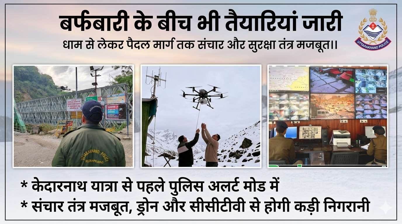 केदारनाथ यात्रा से पहले पुलिस अलर्ट मोड में,संचार तंत्र मजबूत, ड्रोन और सीसीटीवी से होगी कड़ी निगरानी,हाईटेक सुरक्षा में होगी इस बार केदारनाथ यात्रा, 181 कैमरे, ड्रोन और पीए सिस्टम से यात्रियों की सुरक्षा पुख्ता..