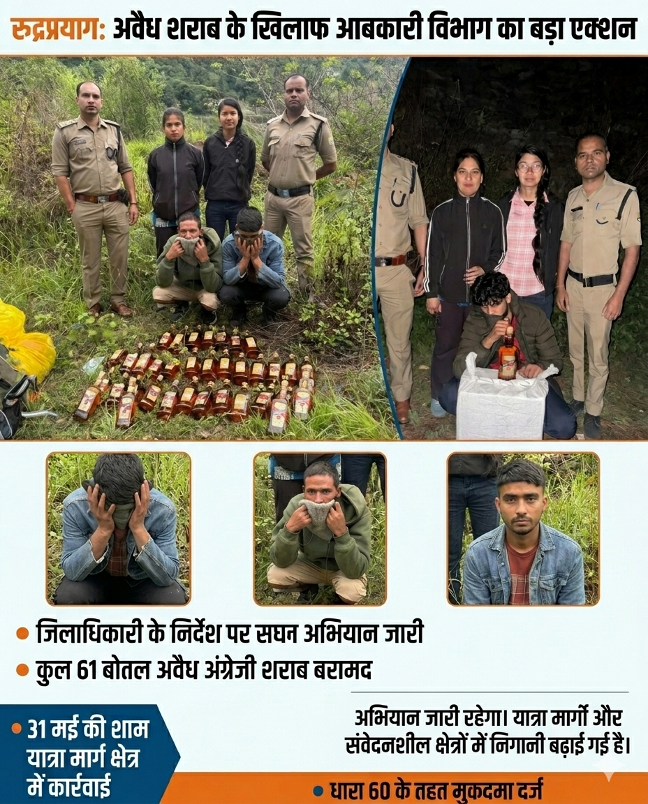 यात्रा मार्ग पर आबकारी विभाग का शिकंजा, 61 बोतल अवैध शराब के साथ तीन तस्कर गिरफ्तार