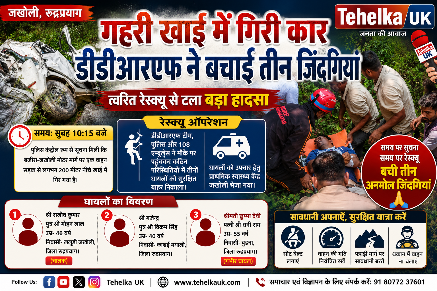 बजीरा-जखोली मोटर मार्ग पर हुआ हादसा, एक महिला गंभीर घायल, त्वरित रेस्क्यू से टला बड़ा हादसा