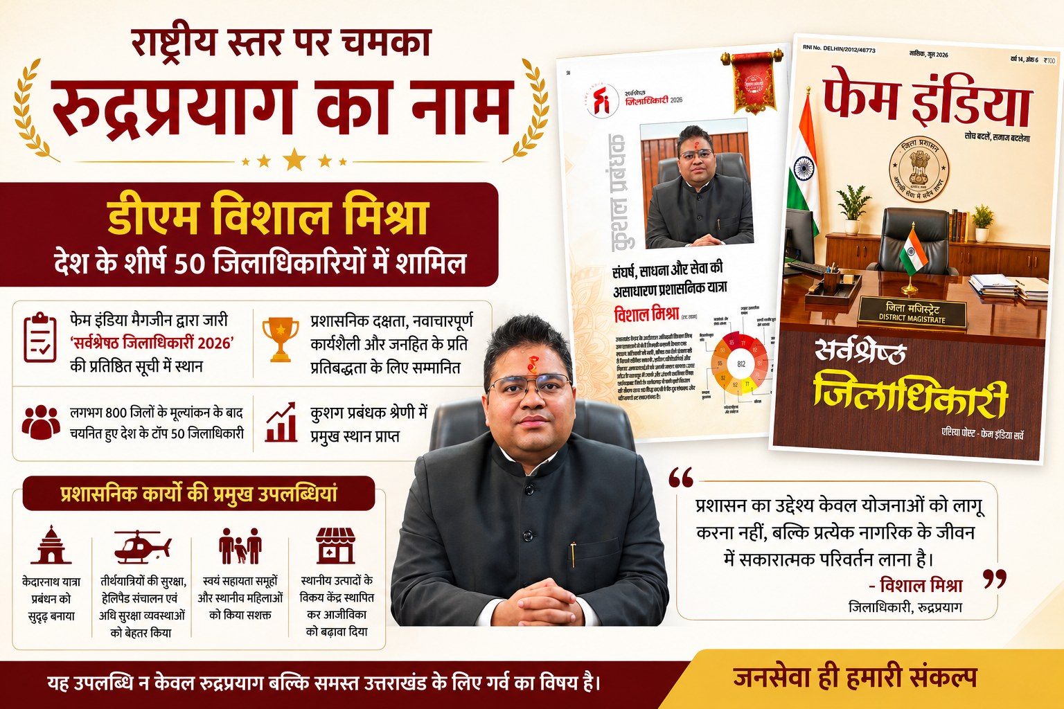 रुद्रप्रयाग के डीएम का राष्ट्रीय स्तर पर सम्मान , फेम इंडिया की टॉप-50 सूची में शामिल हुए डीएम विशाल मिश्रा।