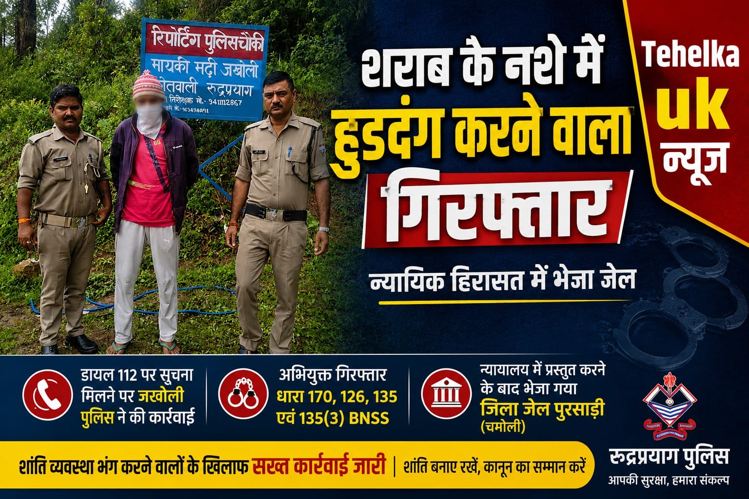शराब के नशे में हुड़दंग मचाने वाला युवक गिरफ्तार, न्यायिक हिरासत में भेजा गया